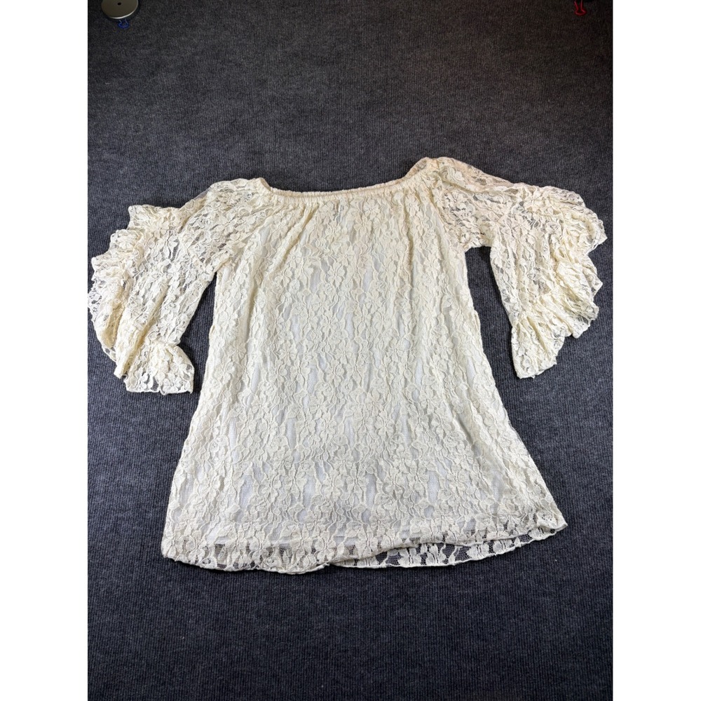 Urban Mango‎ Cream Floral Lace Off Shoulder Ruffle Bell Sleeve Tunic Top Large